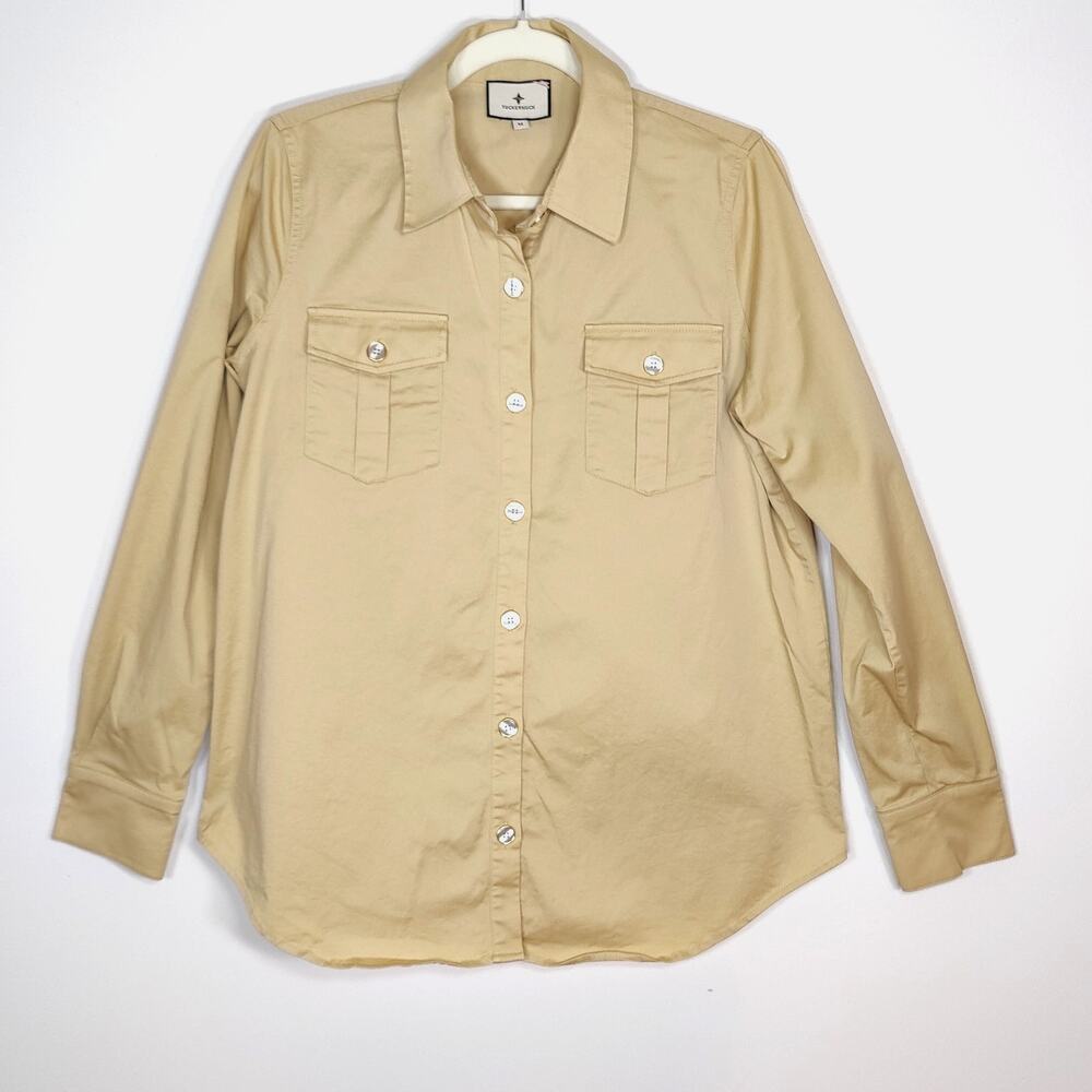 Tuckernuck Button Up Shirt Cotton Stretch Canvas Beige M Mother of Pearl Buttons